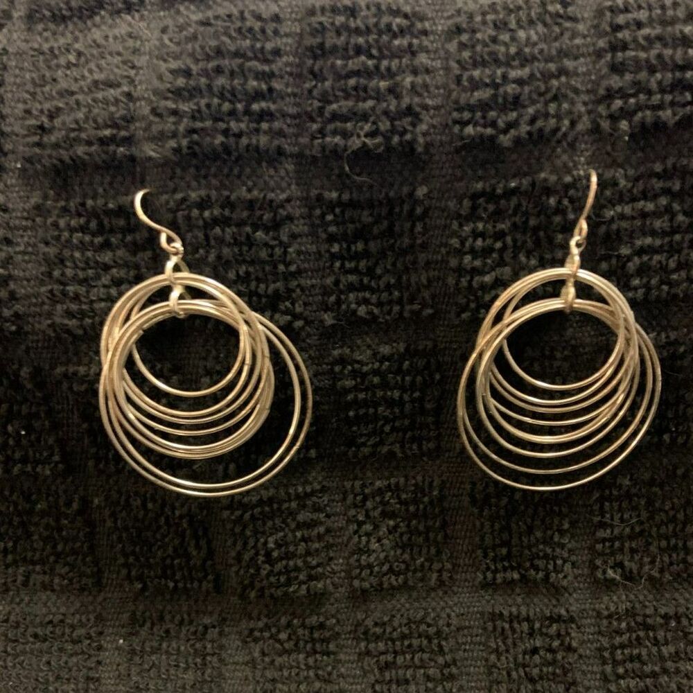 Silver Toned Dangling Circle Earrings 1.5" long and wide - Picture 2 of 4